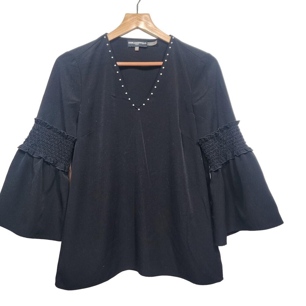 Karl Lagerfeld Black Bell sleeve Studded Collar Blouse Size Small